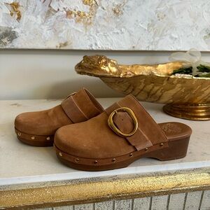 Vince Camuto Brown Mules with Gold Buckle